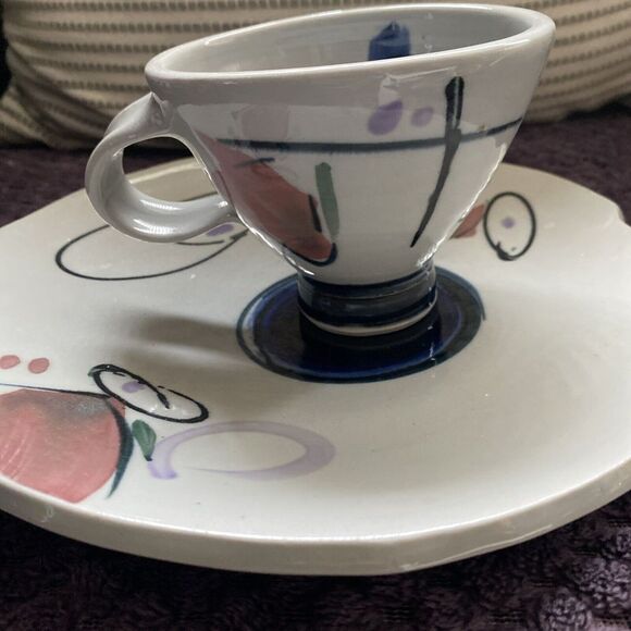 Handcrafted Artisan Cup Mug Saucer Studio Thrown Pottery‎ Drip Glaze Signed - Picture 13 of 13